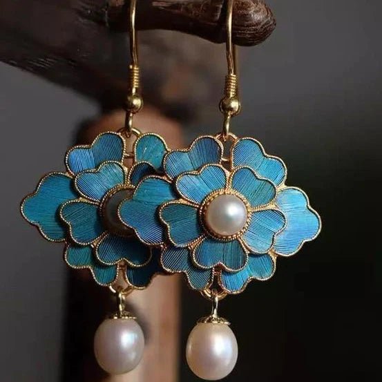 Pendientes colgantes vintage con perlas y lotos azules