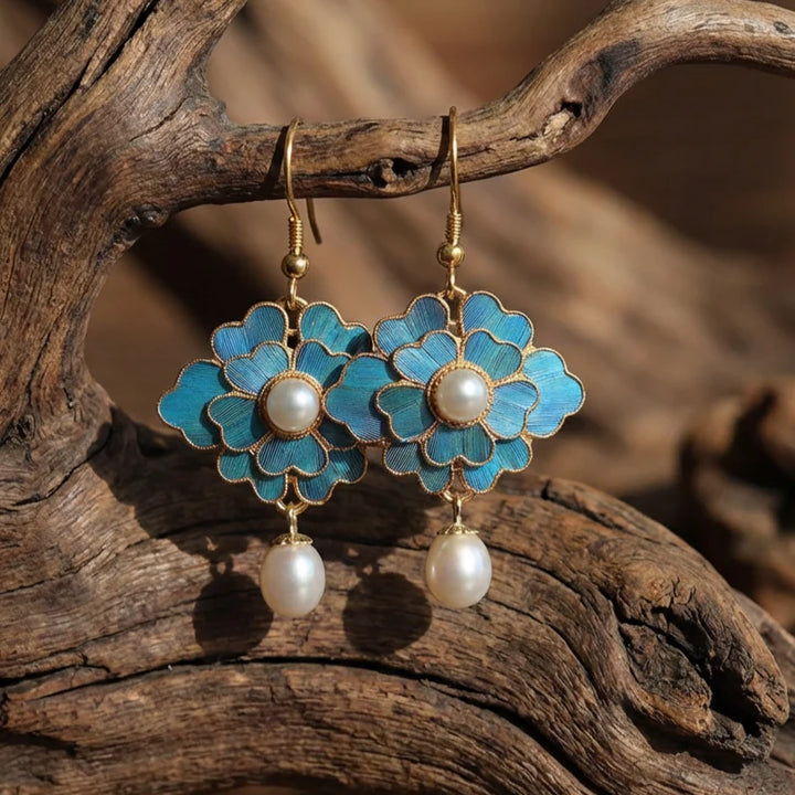 Pendientes colgantes vintage con perlas y lotos azules