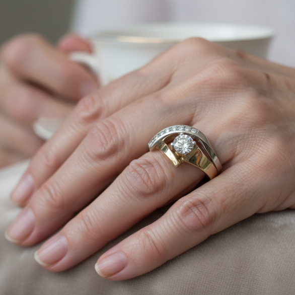 Anillo Vintage Irregular en Dorado y Plateado con Zirconia