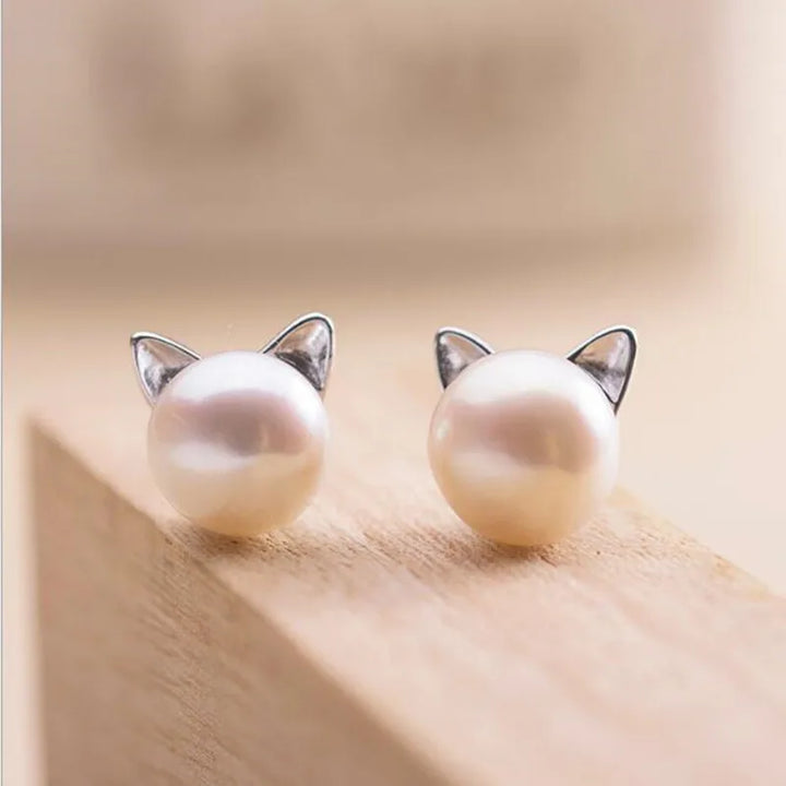 Pendientes de plata esterlina con perlas en forma de gato